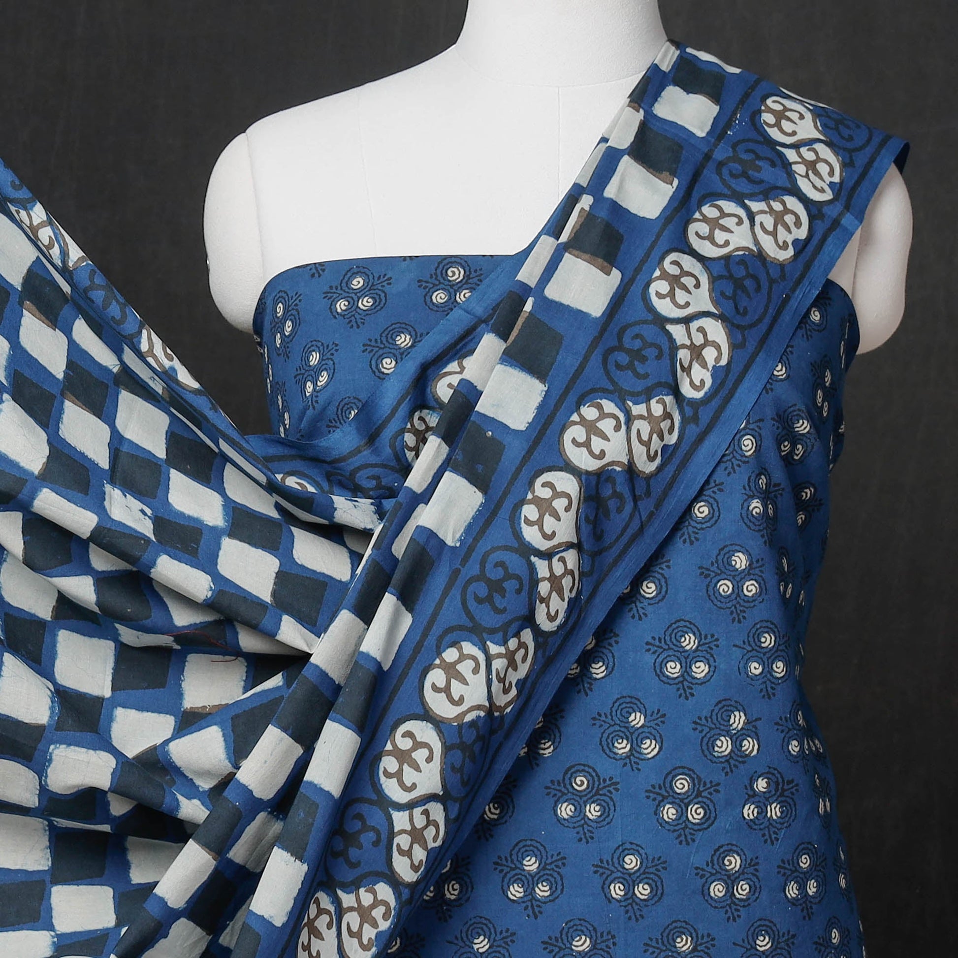 Blue - 3pc Cotton Block Printed Pipad Dress Material Set