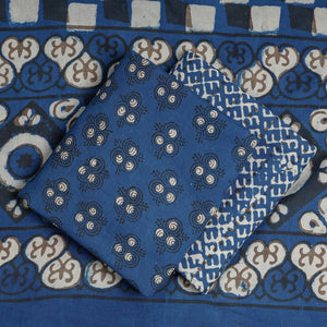 Blue - 3pc Cotton Block Printed Pipad Dress Material Set