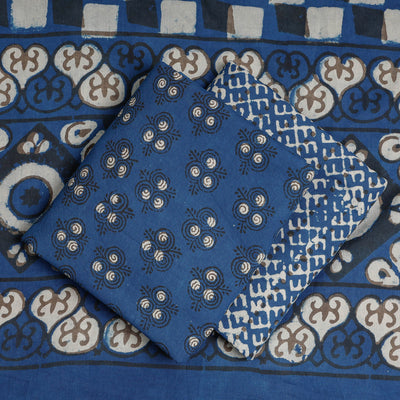 Blue - 3pc Cotton Block Printed Pipad Dress Material Set