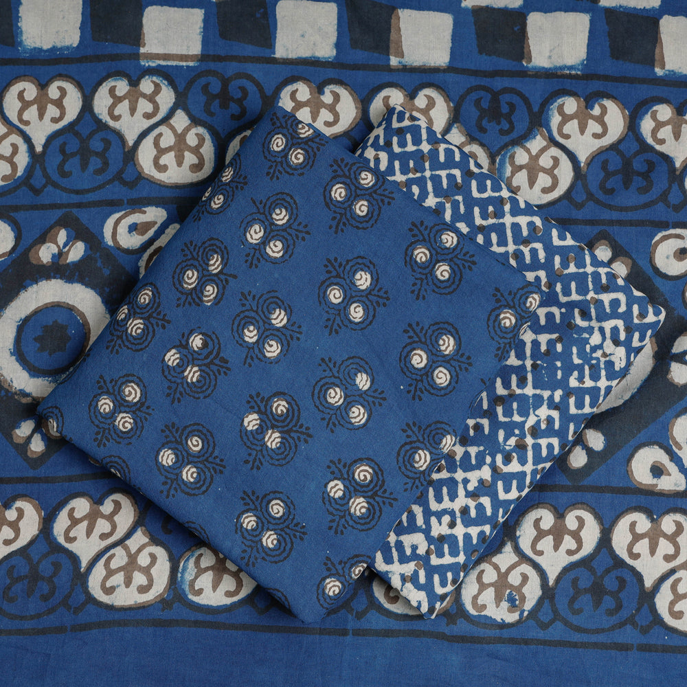 Blue - 3pc Cotton Block Printed Pipad Dress Material Set