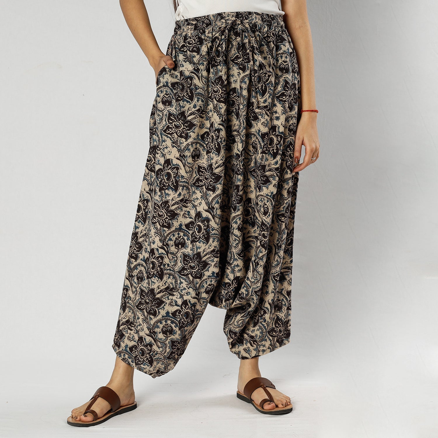 Beige - Pedana Kalamkari Block Print Cotton Harem Pant