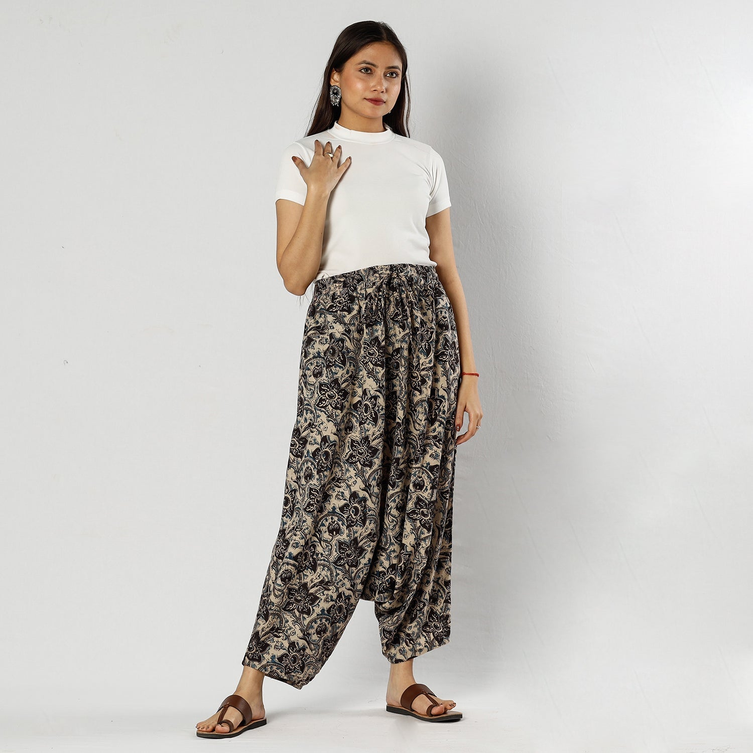 Beige - Pedana Kalamkari Block Print Cotton Harem Pant