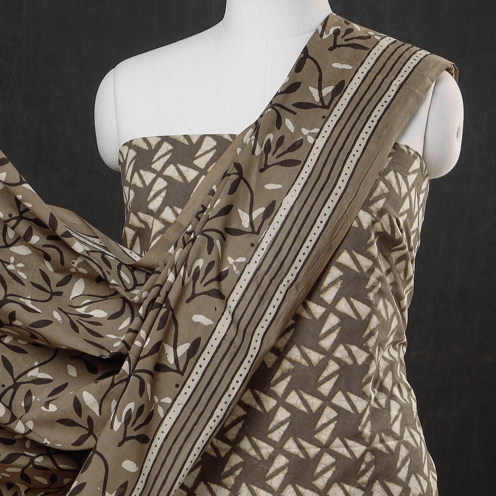 Brown - 3pc Cotton Block Printed Pipad Dress Material Set