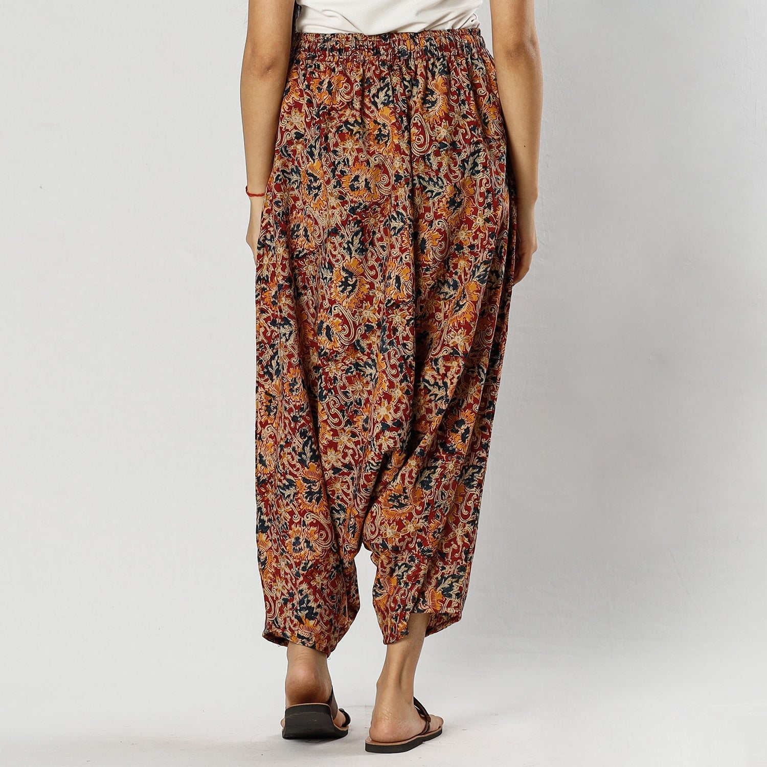 Red - Pedana Kalamkari Block Print Cotton Harem Pant (Free Size)