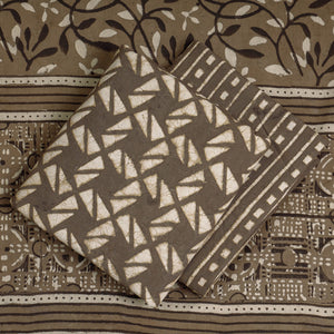 Brown - 3pc Cotton Block Printed Pipad Dress Material Set