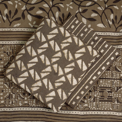 Brown - 3pc Cotton Block Printed Pipad Dress Material Set