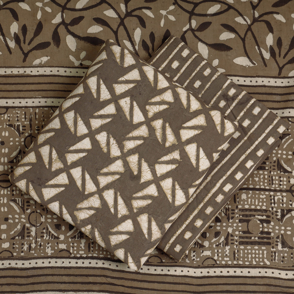 Brown - 3pc Cotton Block Printed Pipad Dress Material Set