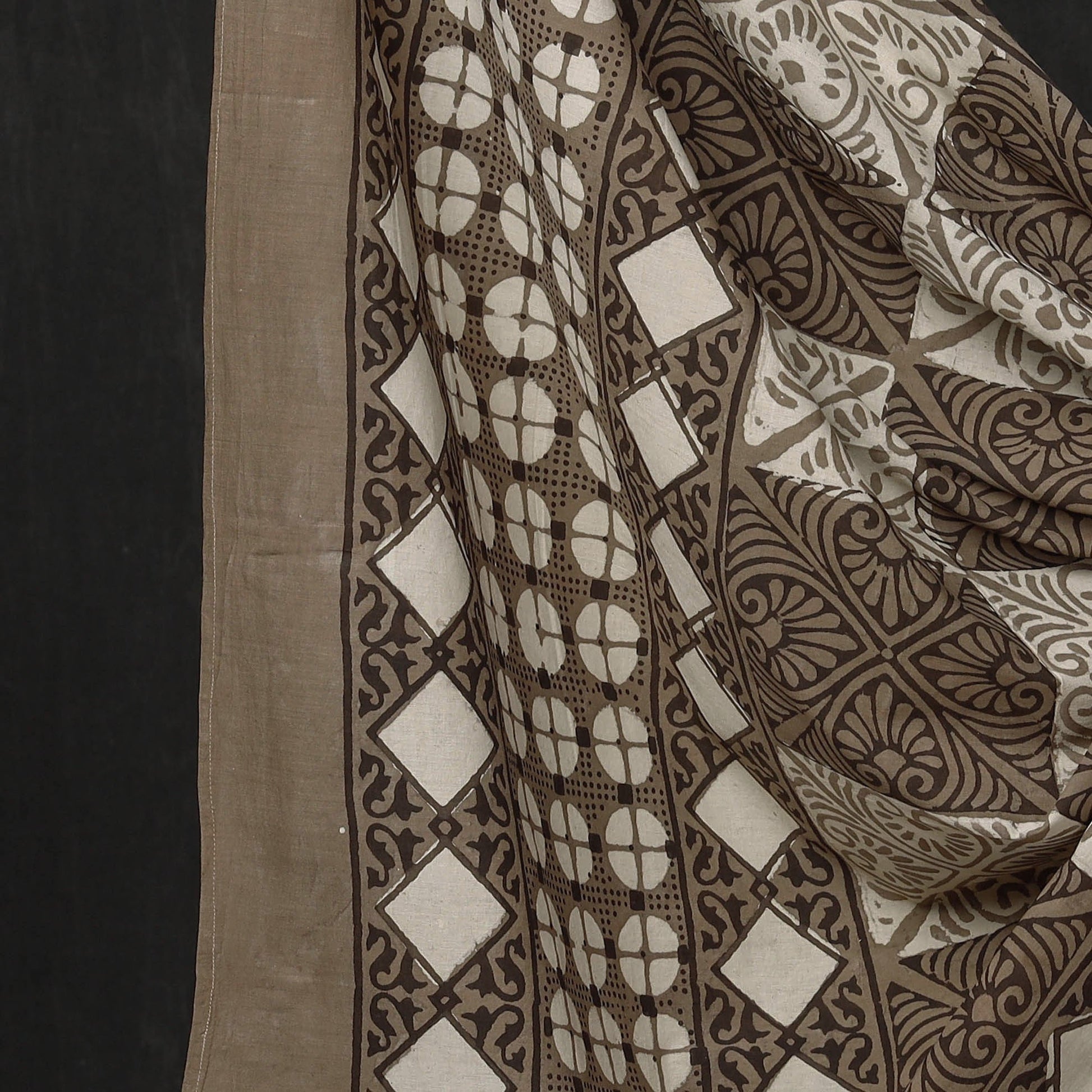 Brown - 3pc Cotton Block Printed Pipad Dress Material Set