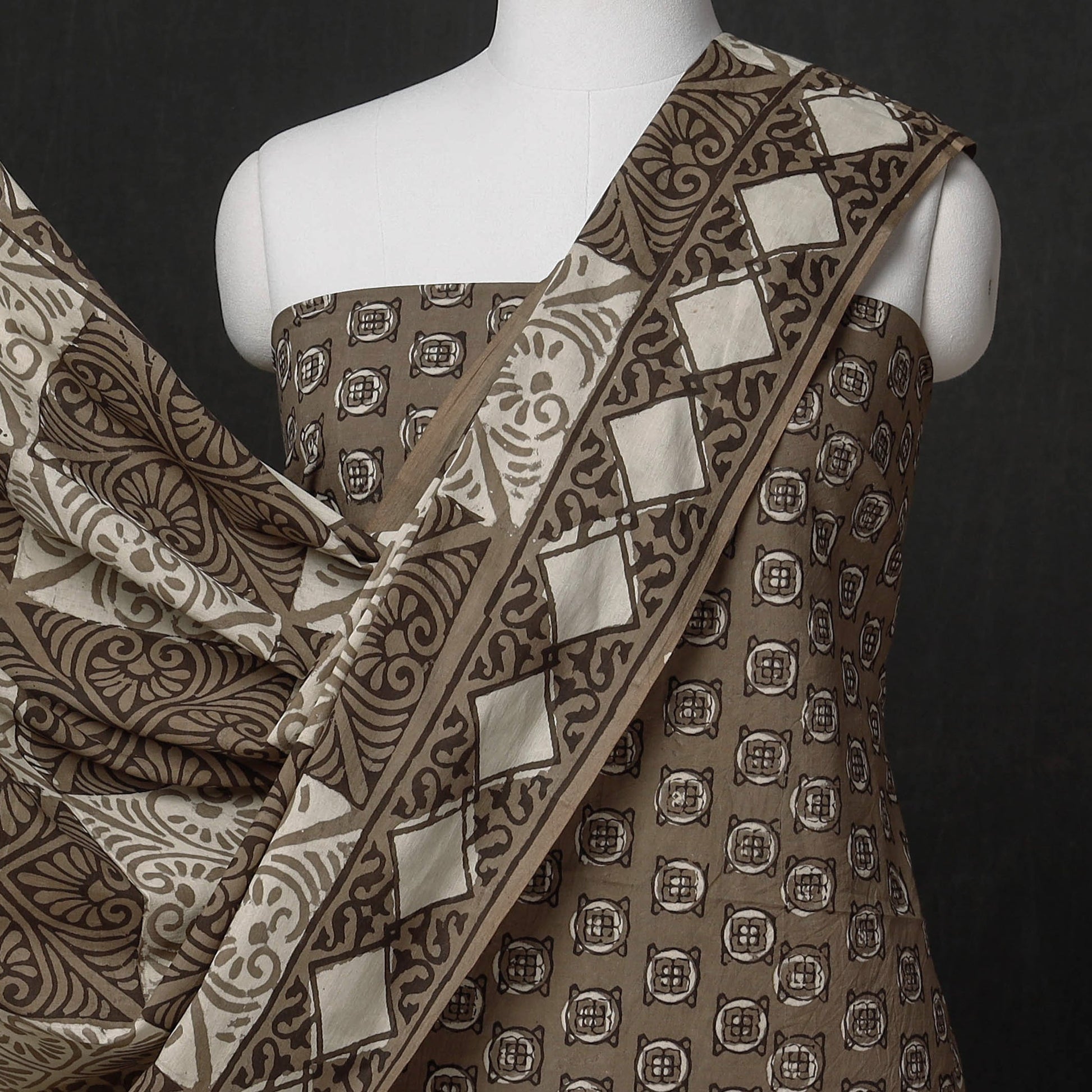 Brown - 3pc Cotton Block Printed Pipad Dress Material Set