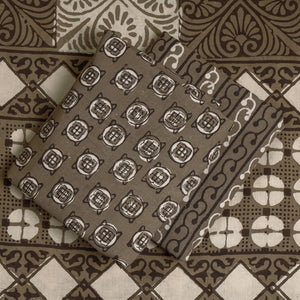 Brown - 3pc Cotton Block Printed Pipad Dress Material Set