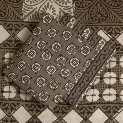 Brown - 3pc Cotton Block Printed Pipad Dress Material Set