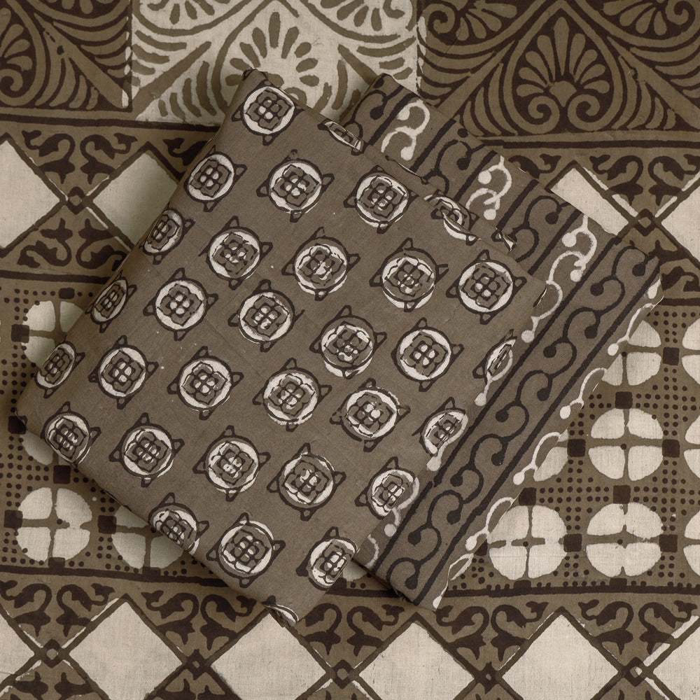 Brown - 3pc Cotton Block Printed Pipad Dress Material Set
