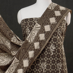 Brown - 3pc Cotton Block Printed Pipad Dress Material Set