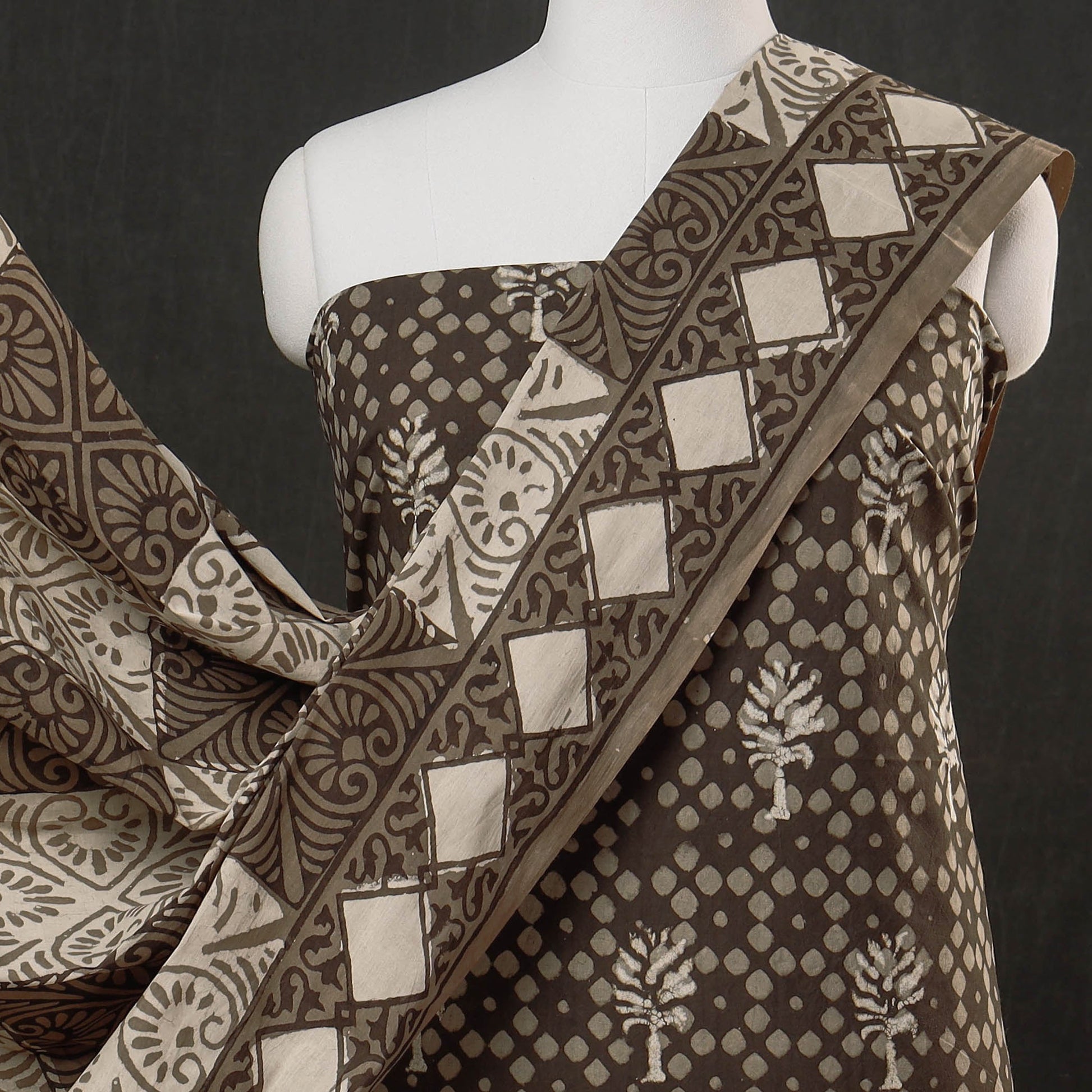Brown - 3pc Cotton Block Printed Pipad Dress Material Set