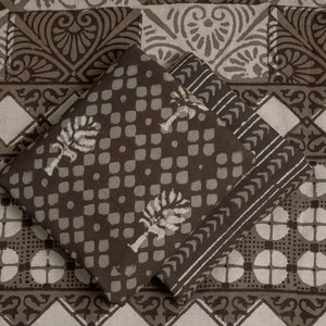 Brown - 3pc Cotton Block Printed Pipad Dress Material Set