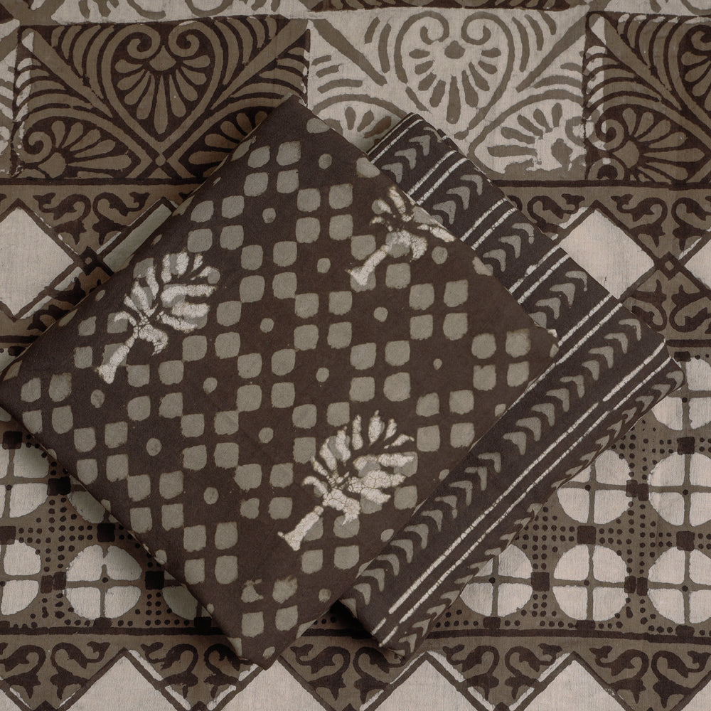 Brown - 3pc Cotton Block Printed Pipad Dress Material Set