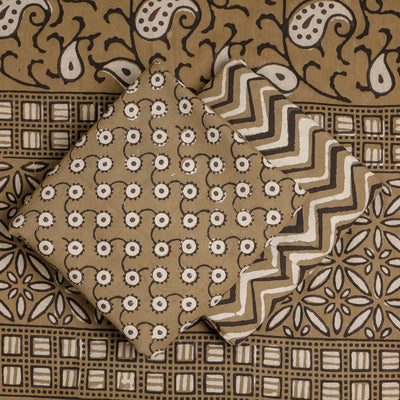 Brown - 3pc Cotton Block Printed Pipad Dress Material Set