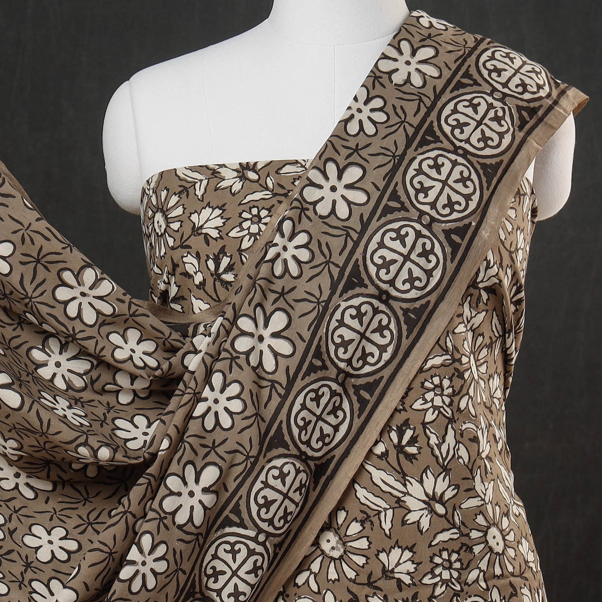Brown - 3pc Cotton Block Printed Pipad Dress Material Set