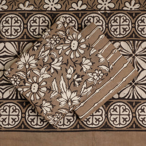 Brown - 3pc Cotton Block Printed Pipad Dress Material Set