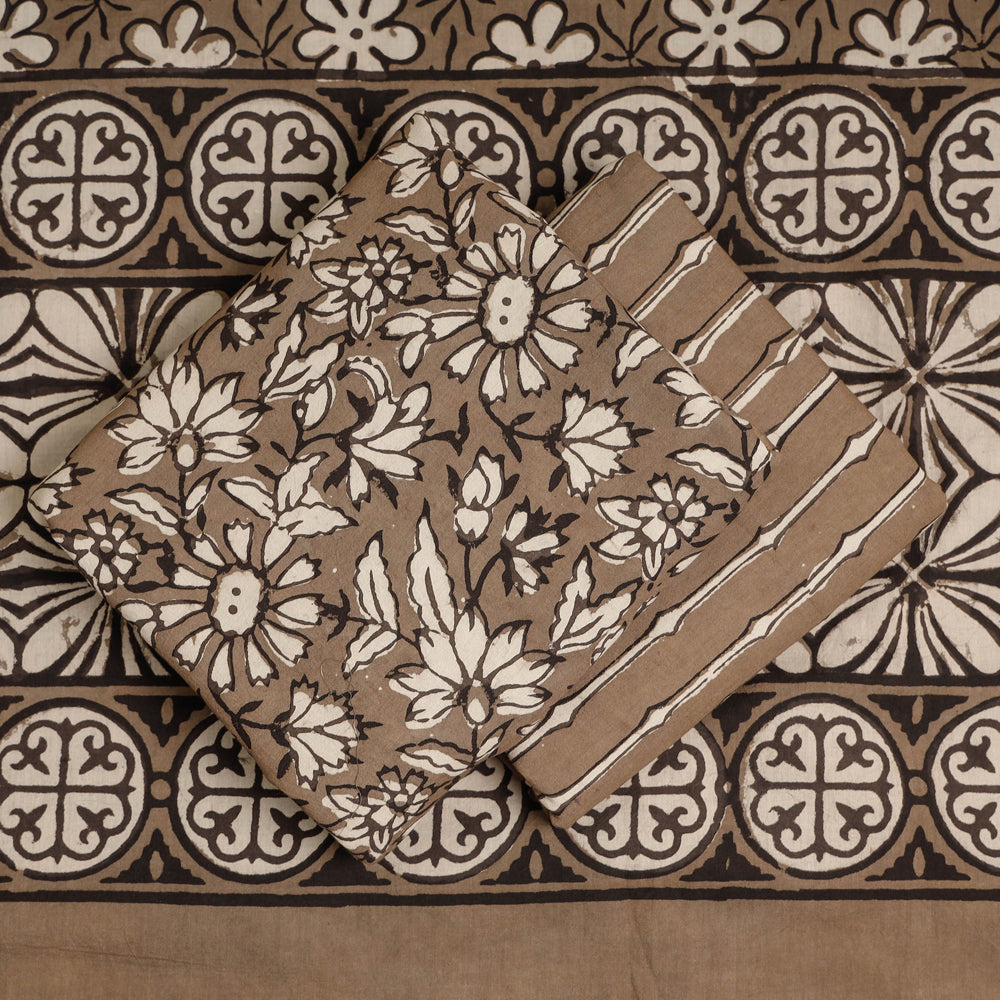 Brown - 3pc Cotton Block Printed Pipad Dress Material Set