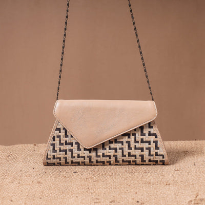 Beige - Sitalpati शीतल पाटी Grass Handwoven Sling Bag with Leather Flap