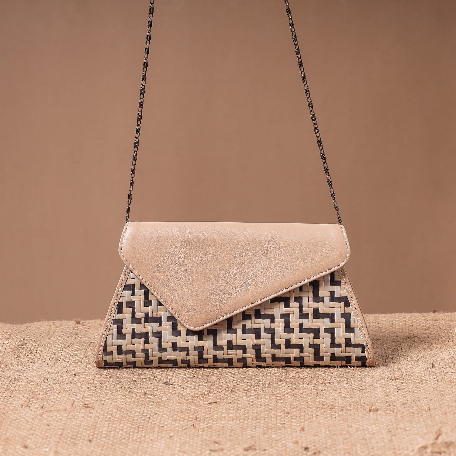 Beige - Sitalpati शीतल पाटी Grass Handwoven Sling Bag with Leather Flap