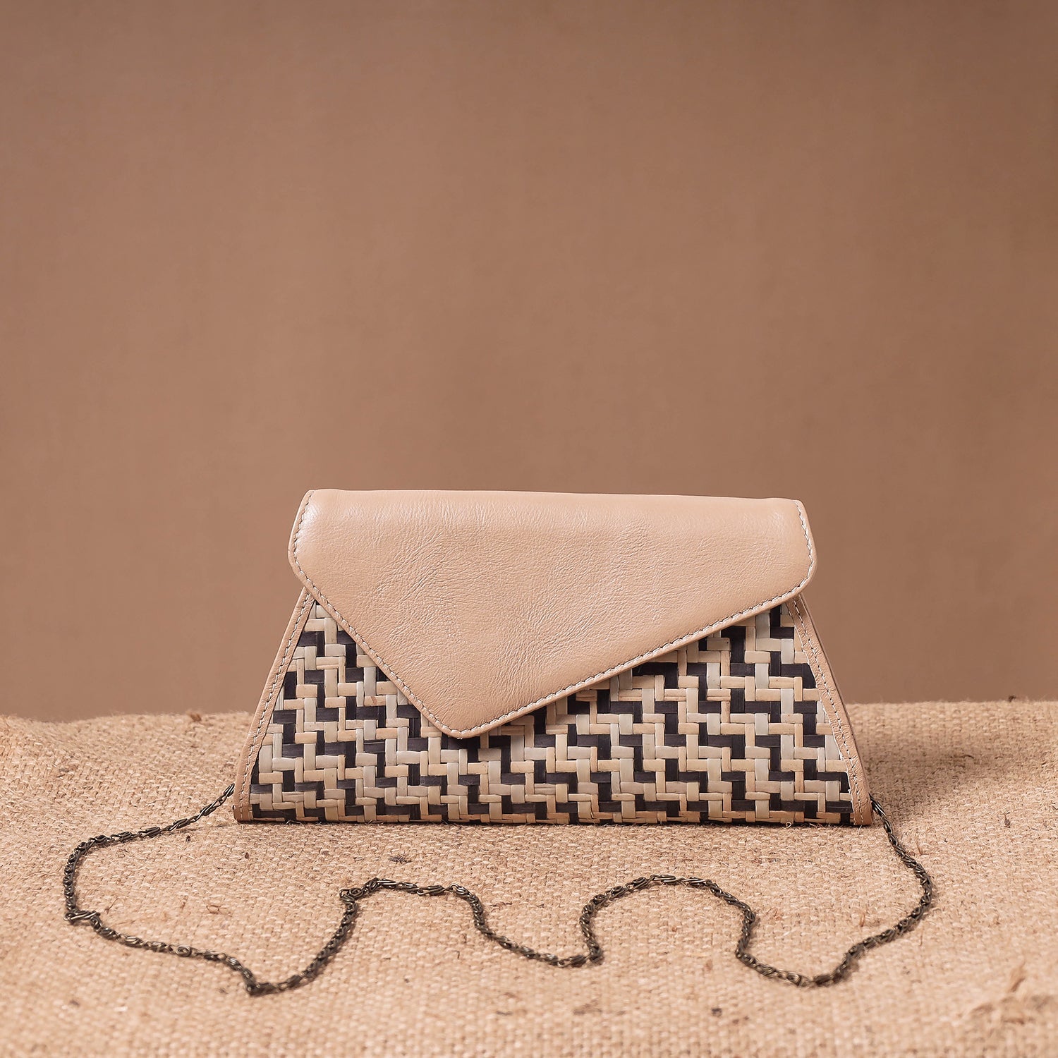 Beige - Sitalpati शीतल पाटी Grass Handwoven Sling Bag with Leather Flap
