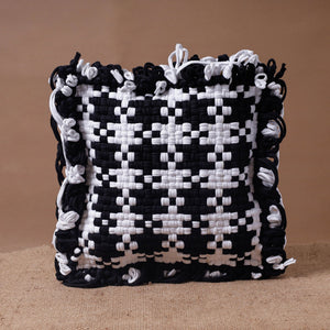 Black - Handwoven Upcycled Cotton Cushion Cover (12 x 12 in)
