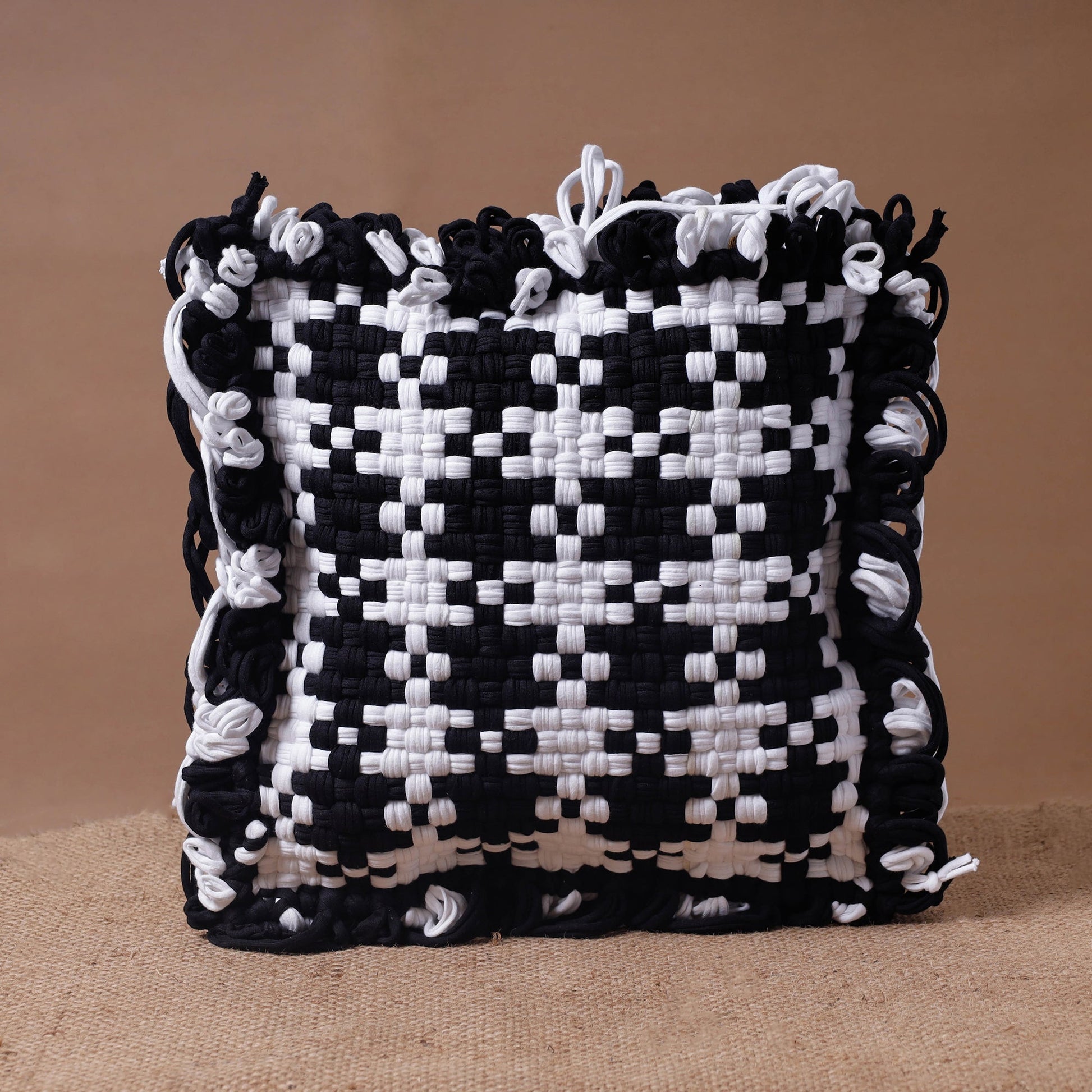 Black - Handwoven Upcycled Cotton Cushion Cover (12 x 12 in)