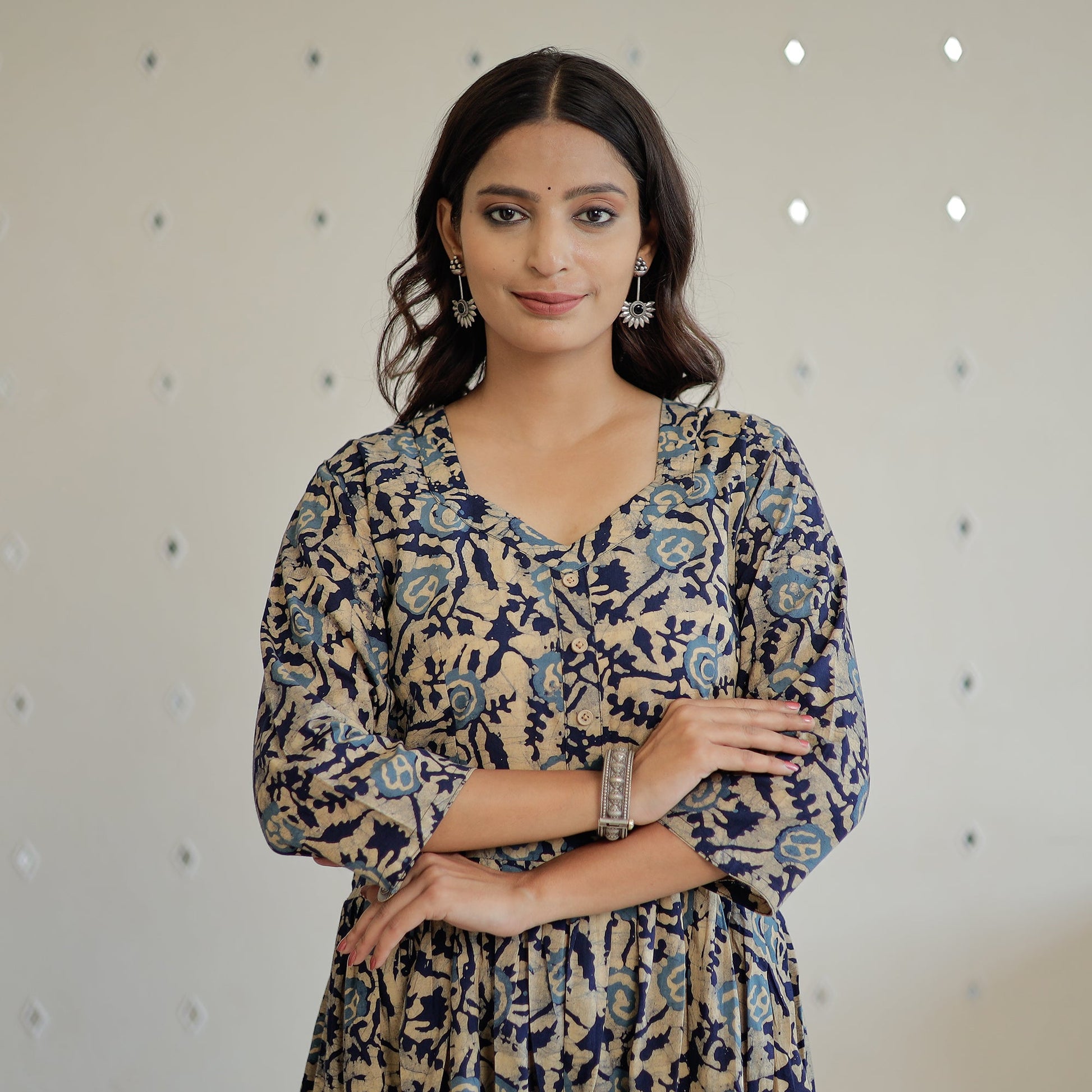 Beige - Hand Batik Printed Cotton Flared Dress 02