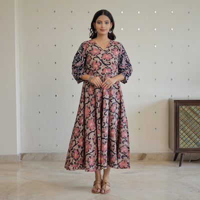 Brown - Hand Batik Printed Cotton Flared Dress 06