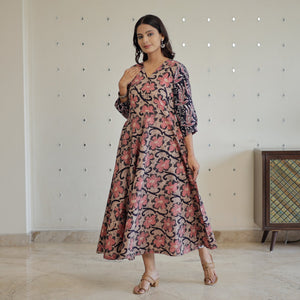 Brown - Hand Batik Printed Cotton Flared Dress 06