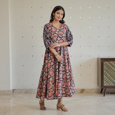Brown - Hand Batik Printed Cotton Flared Dress 06