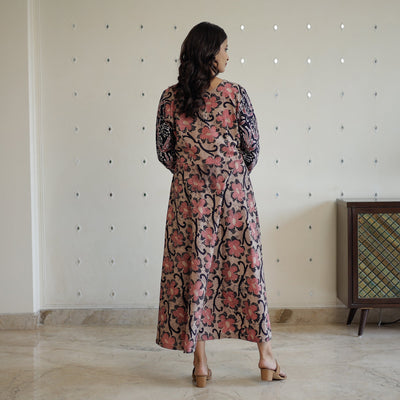 Brown - Hand Batik Printed Cotton Flared Dress 06