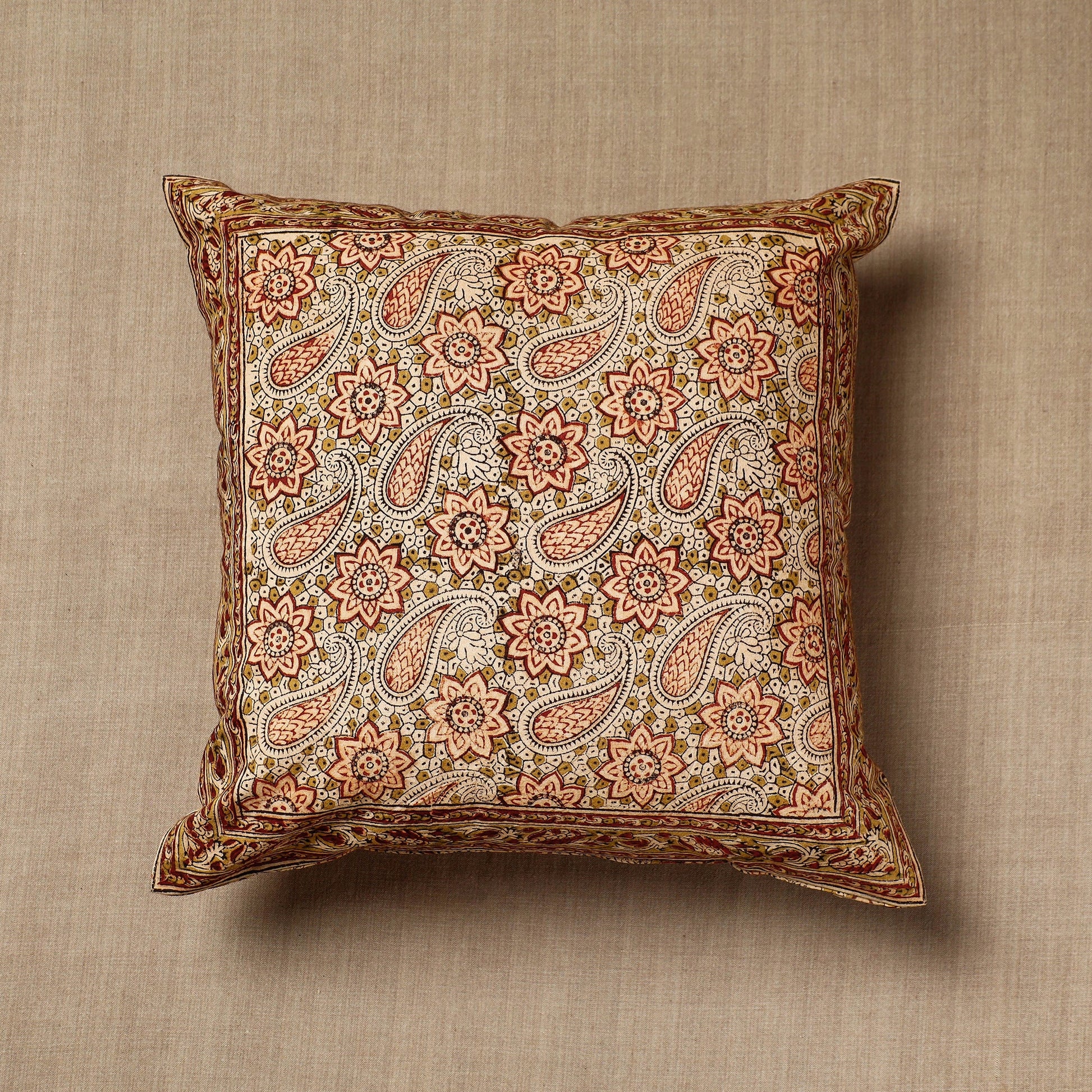 Beige - Original Pedana Block Print Cotton Kalamkari Cushion Cover