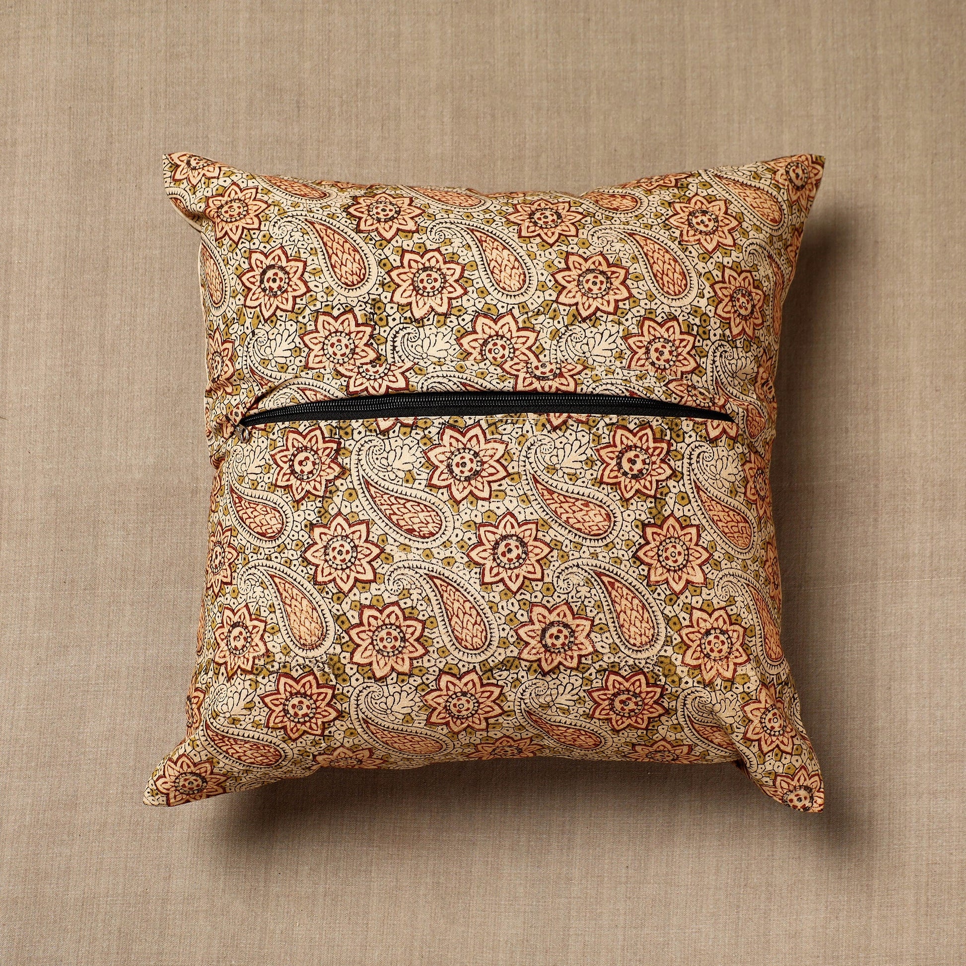 Beige - Original Pedana Block Print Cotton Kalamkari Cushion Cover