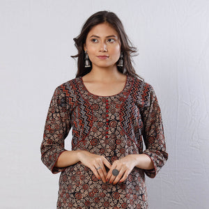 Black -  Ajrakh Block Printing Cotton Long Straight Kurta