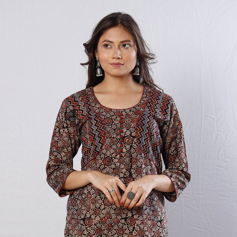 Black -  Ajrakh Block Printing Cotton Long Straight Kurta
