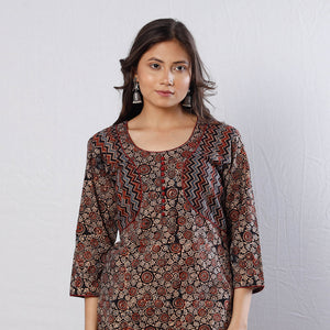 Black -  Ajrakh Block Printing Cotton Long Straight Kurta