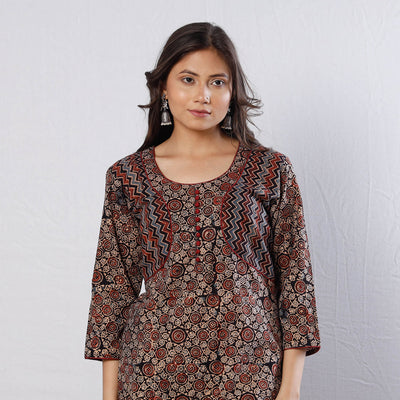 Black -  Ajrakh Block Printing Cotton Long Straight Kurta