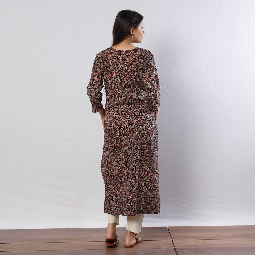 Black -  Ajrakh Block Printing Cotton Long Straight Kurta