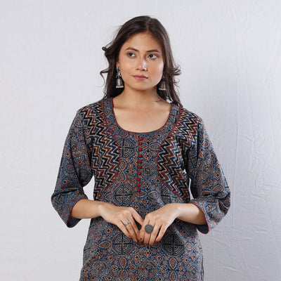 Blue - Geometric Buta Ajrakh Block Printing Cotton Long Straight Kurta