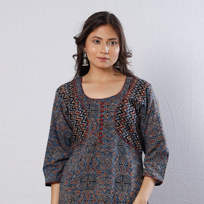 Blue - Geometric Buta Ajrakh Block Printing Cotton Long Straight Kurta
