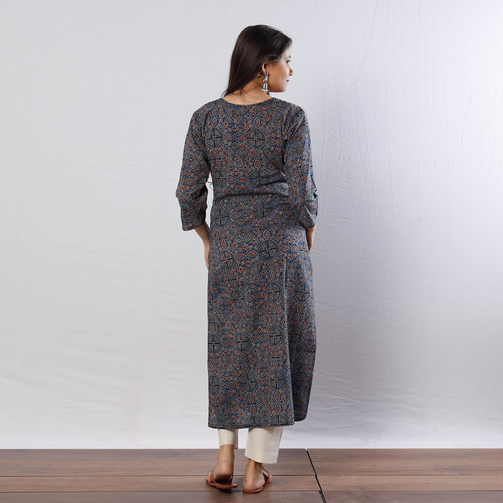 Blue - Geometric Buta Ajrakh Block Printing Cotton Long Straight Kurta