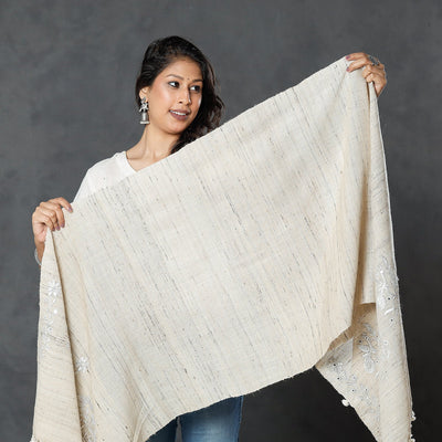 Beige - Kutch Handwoven Pakko Embroidery Silk x Merino Wool Stole