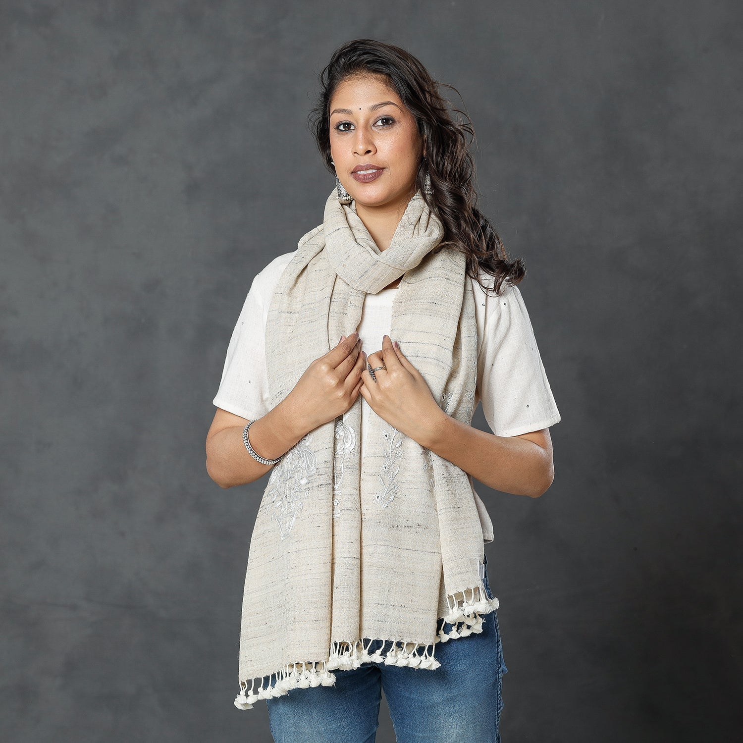 Beige - Kutch Handwoven Pakko Embroidery Silk x Merino Wool Stole