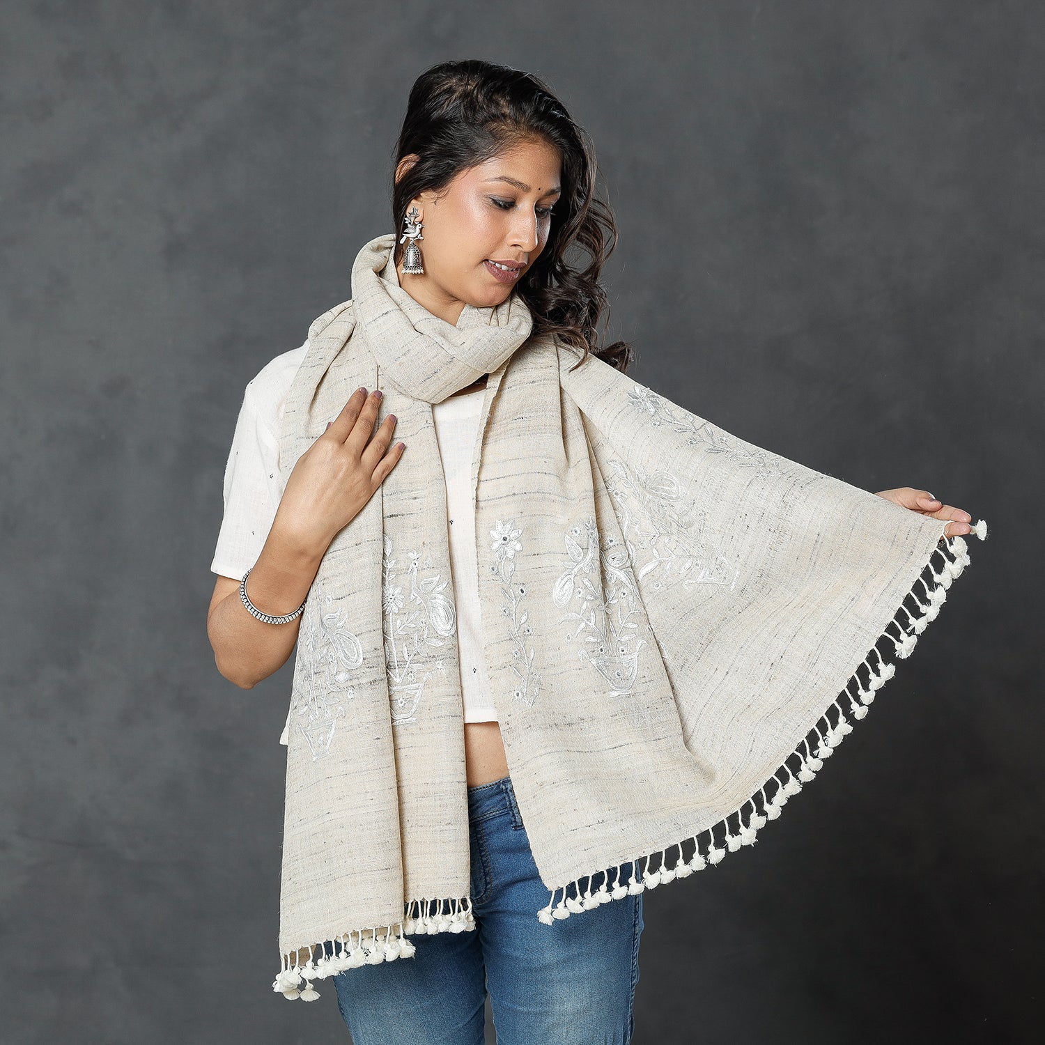 Beige - Kutch Handwoven Pakko Embroidery Silk x Merino Wool Stole