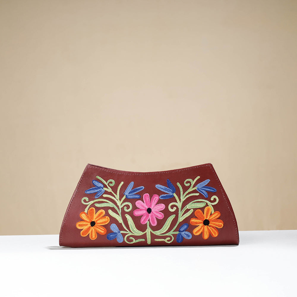 Brown - Original Chain Stitch Embroidery Leather Clutch