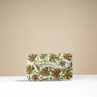 Beige - Chain Stitch Crewel Hand Embroidery Leather Wallet