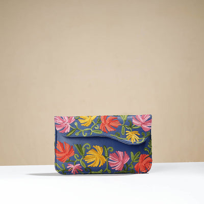 Blue - Chain Stitch Crewel Hand Embroidery Leather Wallet